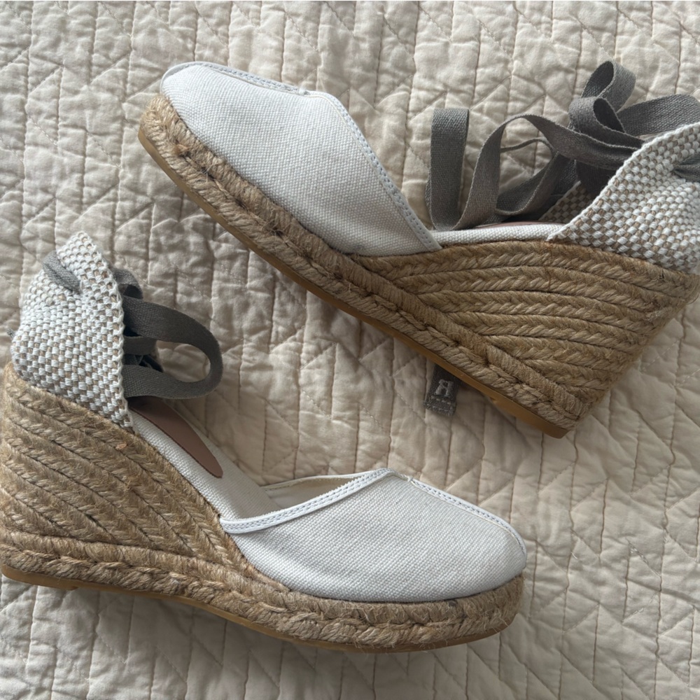 Rouje Paris White and Tan Espadrille Wedges Like New